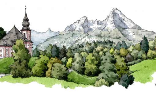 Farbenfrohe Berglandschaften mit Tinte und Aquarell
